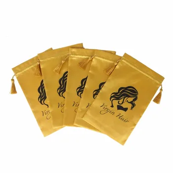 

5pcs Gold Virgin Hair Bag with Purl, Packaging Bag, Drawstring Bags, Hair Extension Garment Bag