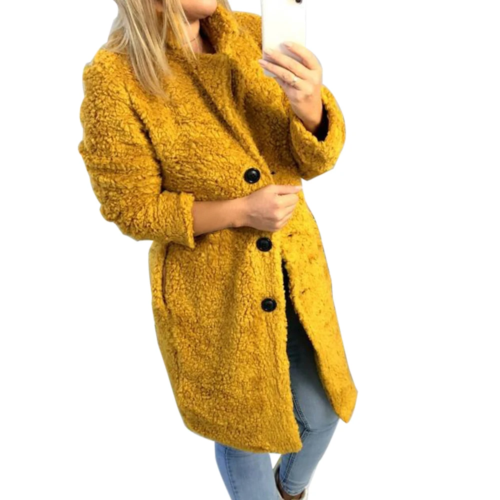 Новая женская модная куртка с отворотом и длинным рукавом, мягкая теплая осенне-зимняя женская однотонная Длинная Верхняя одежда на пуговицах