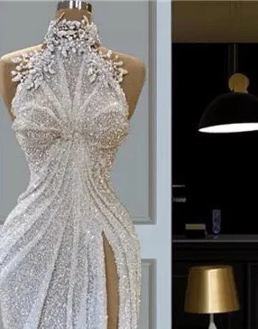 

One Shoulder White Beads Lace Evening Dresses 2020 with Split for Women Floor Length Formal Evening Party Gowns 2019
