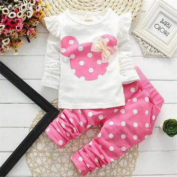 

Spring And Autumn Children's Suit Mickey Head Lace Bow Cute Girl Clothes Pink Red Blue Cartoon Leisure Sweet Clothes Kids Disney