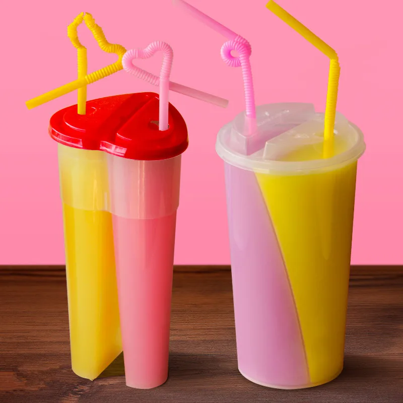 

8pcs Double Share Milk Tea Cup Disposable Plastic Cup Injection Double Grain Juice Cold Drink Takeaway Packaging Cup Thicken