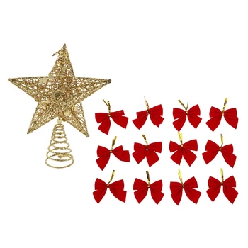 

1x Christmas Tree Topper Treetops Xmas Decoration Ornament Tree Topstar(20CM Gold Five-Pointed Star) & 12 Pcs Color Bow Christma