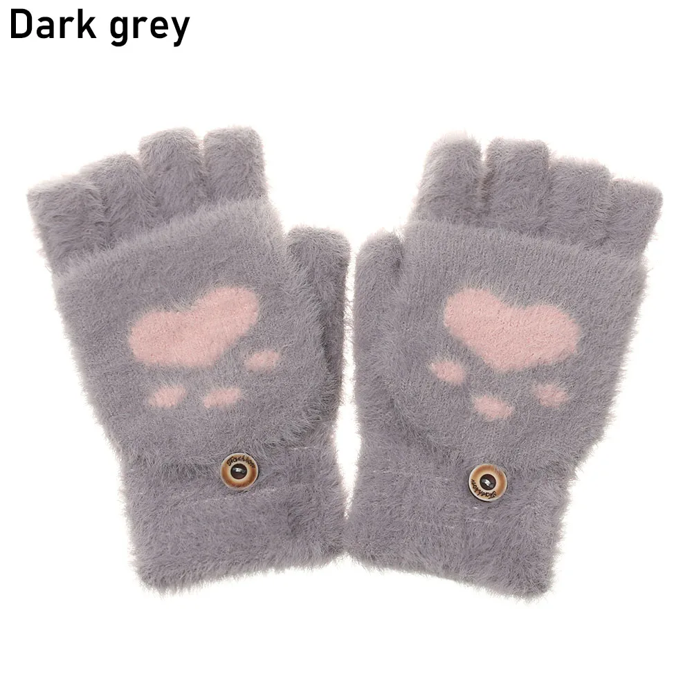 dark grey Зимние теплые бархатные перчатки для мальчиков и девочек; шерстяные перчатки без пальцев с милым когтем кошки; детские вязаные пушистые перчатки с откидной крышкой - Цвет: dark grey