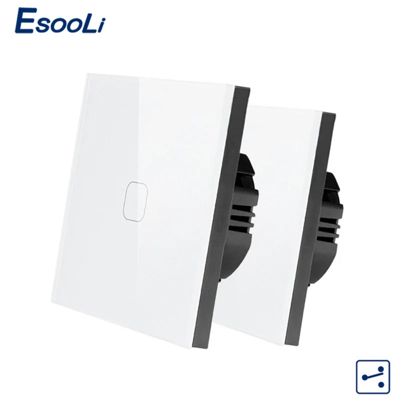 1 Gang 2 Way White Esooli ЕС стандарт 1/2 банды 2 способ управления настенный сенсорный экран переключатель, Хрустальная стеклянная панель, крест/через переключатель, 2 шт./упак - Цвет: 1 Gang 2 Way White