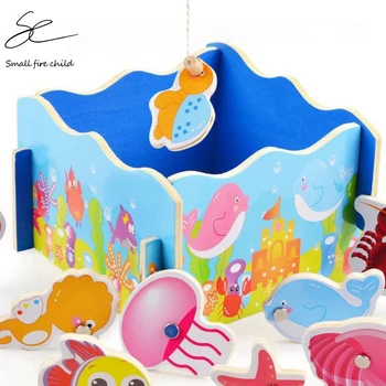 

Free Shipping Wooden Simulation Magnetic Marine Biological Fishing Toys Children's Toy Set Kids Desktop Games Wood Puzzle Gift