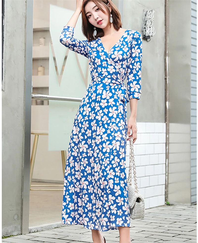 FANIECES Boho пляжное платье с цветочным принтом женские осенние длинные платья сексуальные с высоким разрезом v-образным вырезом обёрточная Bodycon Вечерние Макси-Платье рубашка femme