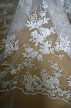 

5 yards white 3D floral lace fabric, 3D beads flowers lace appliques mesh embroidered lace fabric for bridal wedding fabrics