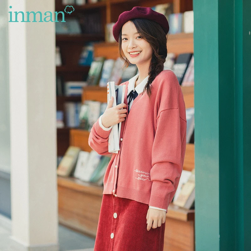 

INMAN 2020 Spring New Arrival V Collar Embroidery Beaded Button Loose Style Long Sleeve Women Knitwear Sweater