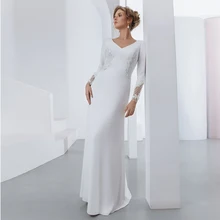 

Elegant A Line Wedding Dress Simple White Slim V Neck Zipper Back Floor Length Bridal Gown For Woman With Sleeves Robe De Mariee