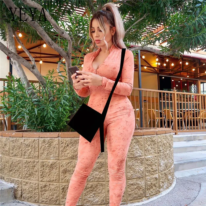

YEYA V Neck Zipper Print Rompers Womens Jumpsuit Long Sleeve Casual Bodysuit Elastic Skinny Playsuits Streetwear