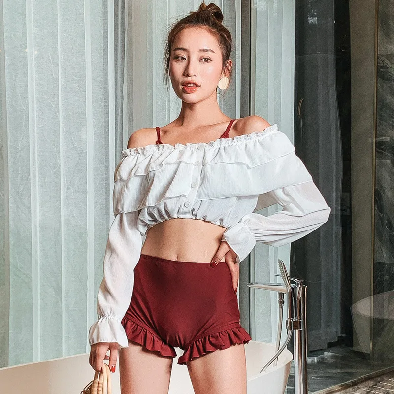 

Bathing Suit Women's 2019 New Style Korean-style-Fresh Frilled Horizontal Neck Long Sleeve Blouse Two-piece Swimsuits Three-piec