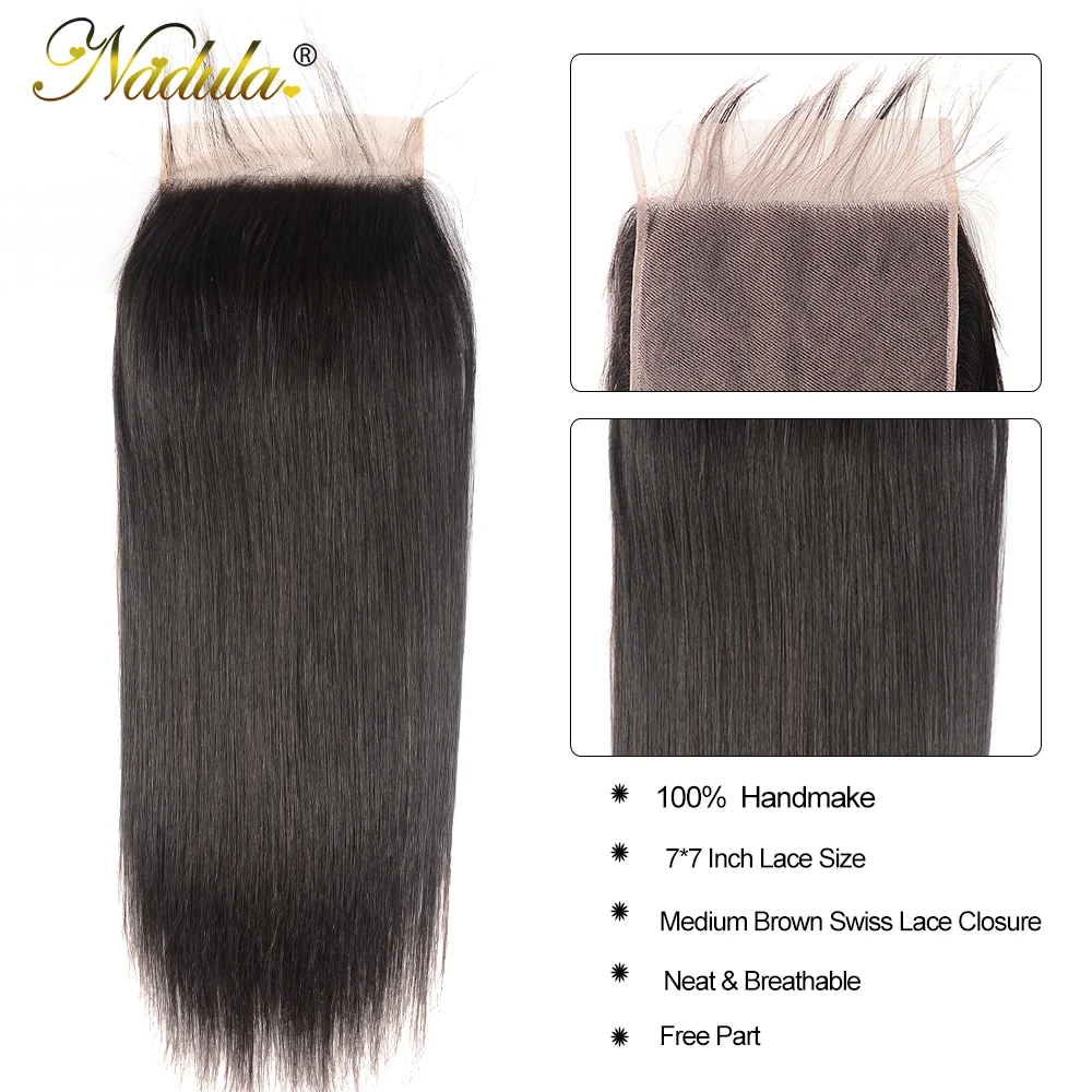 Nadula Hair 7x7 синтетическое закрытие шнурка прямые человеческие волосы с Детские волосы швейцарское кружево Средний Коричневый Бразильские Волосы Закрытие 10-18 дюймов