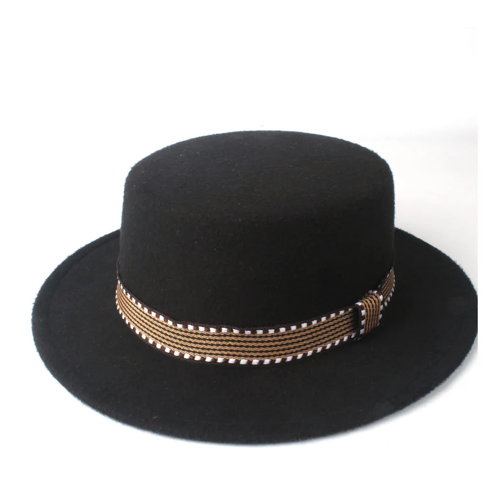 Новая мужская женская модная Плоская Шляпа Fedora с поясом шерсть мягкая фетровая шляпа-пирожок джазовая шляпа размер 56-58 см