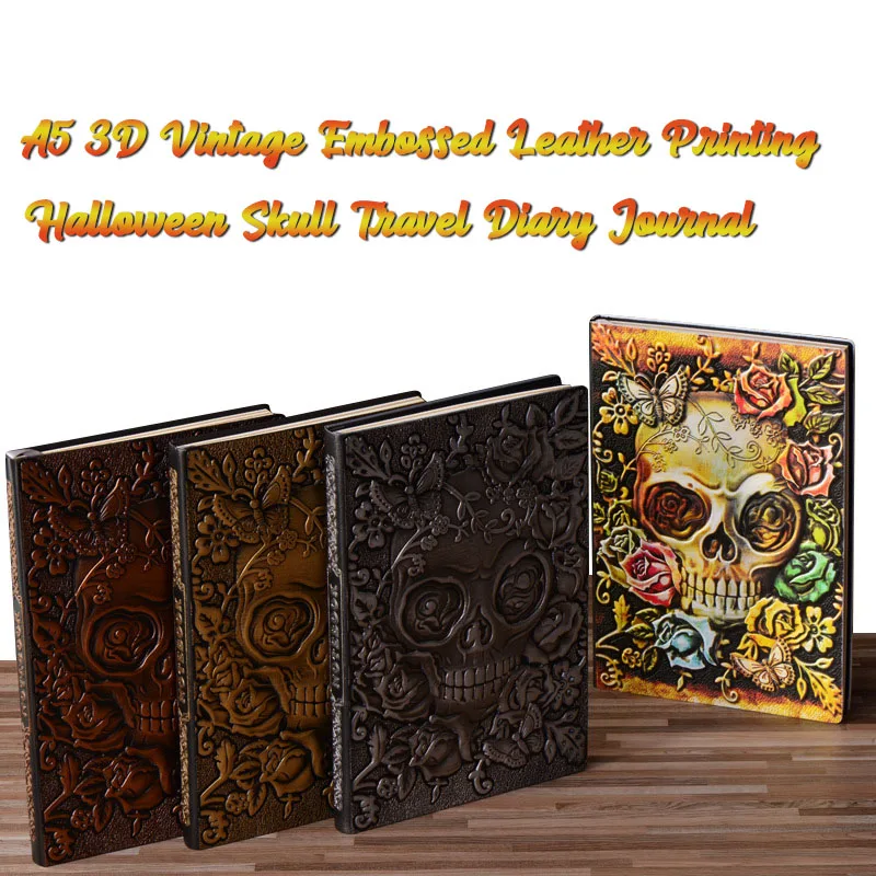 

A5 3D Leather Notebook Vintage Embossed Leather Printing Embossed Halloween Skull Travel Diary Notebook School Office Supplies
