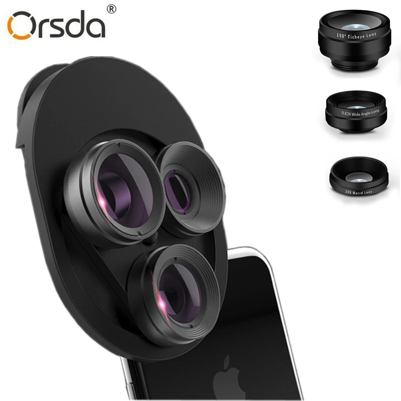 

Orsda 3 in 1 Fish Eye Lens Wide Angle Macro Smartphone Lenses Kits Universal Rotary HD Cell Phone Camera Lens For iPhone Samsung