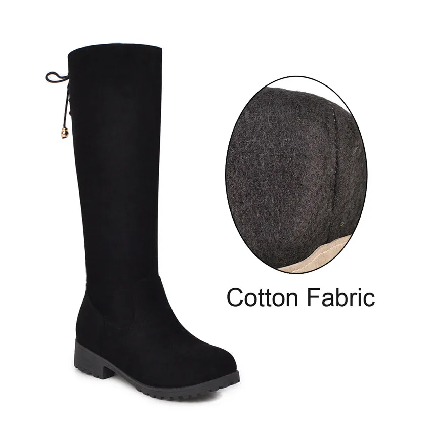 Black Cotton Fabric Зимние женские сапоги до колена из плюша; цвет черный, красный, розовый; растягивающиеся сапоги из флока на квадратном каблуке; повседневные офисные женские сапоги на молнии; высокие сапоги на платформе - Цвет: Black Cotton Fabric
