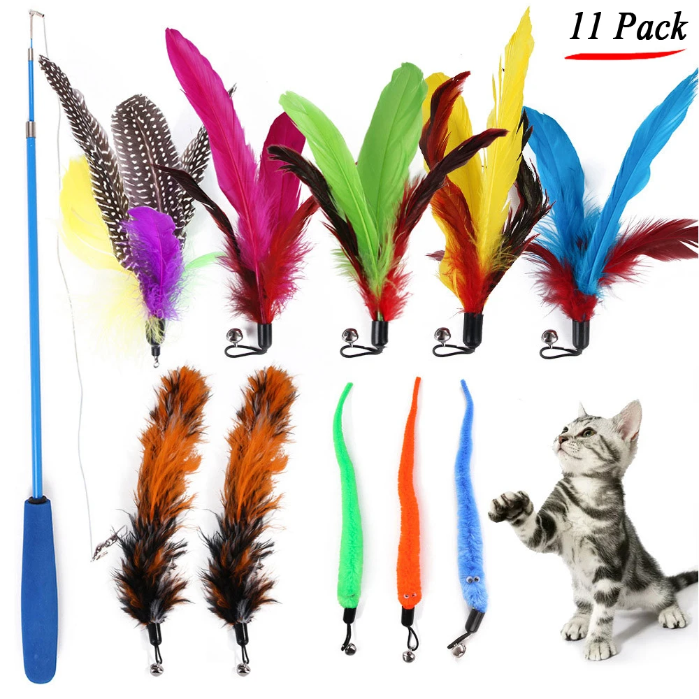 

11Pcs/Set Teaser Cat Catcher Retractable Fishing Pole Wand Rod Feather Toy, Great for Kitten Dog Exercising