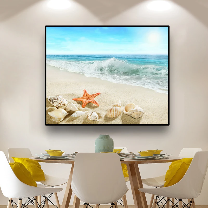 

Canvas Art Poster Painting Wave beach Starfish & conch Creative Wall Decor Picture Home Decoration For Hotel Bedroom Living room