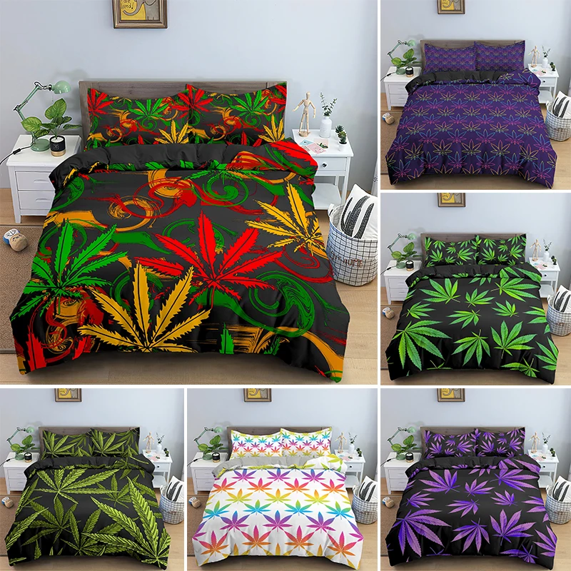 

Psychedelic Weed Leaves Bedding Sets Single Double Queen King Size Quilt Duvet Cover Set With Pillowcase 2/3 PCS Bedclothes