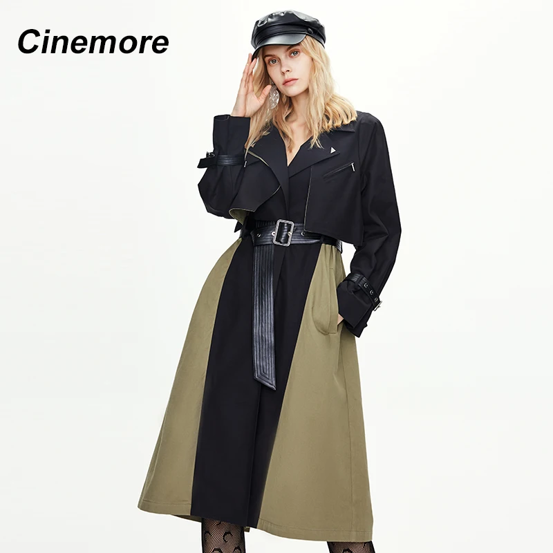 Cinemore 2020 осень Женский контрастный Тренч длинный стильный с металлической