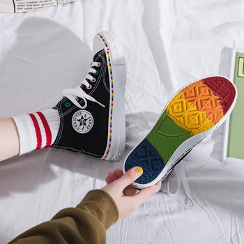 

Women Canvas Shoes Vulcanized Sneakers High Top Rainbow Bottom 2020 Fashion Causal Flats Running Sports Basket Femme Chaussure