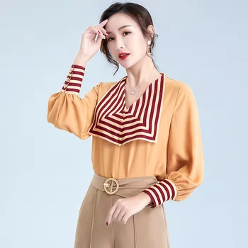 

Women's striped V-neck contrast color chiffon shirt in 2020 style and temperament slim elastic loose top