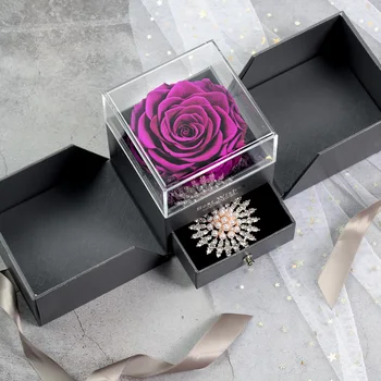 

Unfade Rose Flower Jewelry Gift Box + Brooch Wedding Decor Send Lady Party Birthday Christmas Romantic Gifts Flores Artificiales