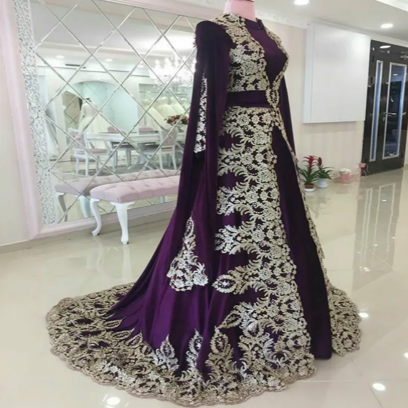 

Morocco Muslim Evening Dresses Dubai Caftan Evening Dress Purple High Neck Applique Long Women Formal Party Gown robe de soiree