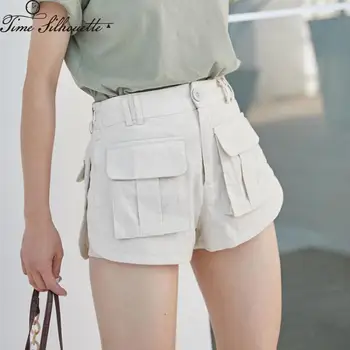 

High Quality Fashion Casual High Waist Pocket Vintage Wide Leg Shorts Women Apricot Trouser Summer Harajuku Bottoms M184
