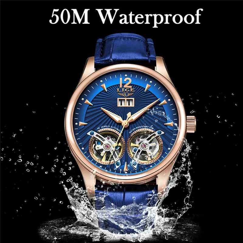 New Lige Men Watches Luxury Leather Double Tourbillon Mechanical Watch Men Fashion Business-4