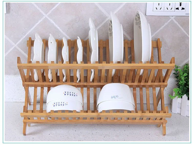 2-layer folding natural bamboo kitchen storage display stand Drying Tea coffee cup dish plate, dish storage rack Air drying 470m