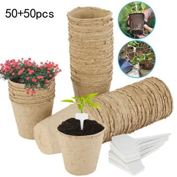 

50pcs 8cm Fibre Plant Pots Seed Pots Grow Pots Seed Trays + 50x Plant Labels For Cultivating Plants Vegetable