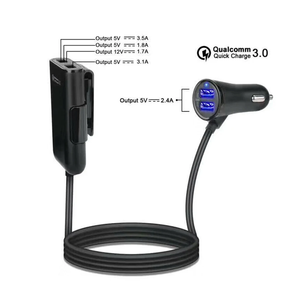AOSHIKE многофункциональный 4 usb порта с 1,7 м линией QC3.0 автомобиля быстрой зарядки прикуривателя заднего сиденья автомобильное зарядное устройство