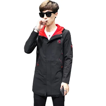 

men trench 2019 autumn winter size M-2XL male hooded jacket zipper polyester pockets windbreake slim solid long coat AF72