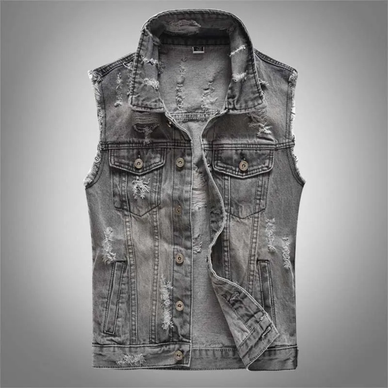 

KIOVNO Men's Ripped Destroyed Denim Vest Washed Slim Fit Casual Waistcoats Male Sleeves Jeans Jackets Streetwear