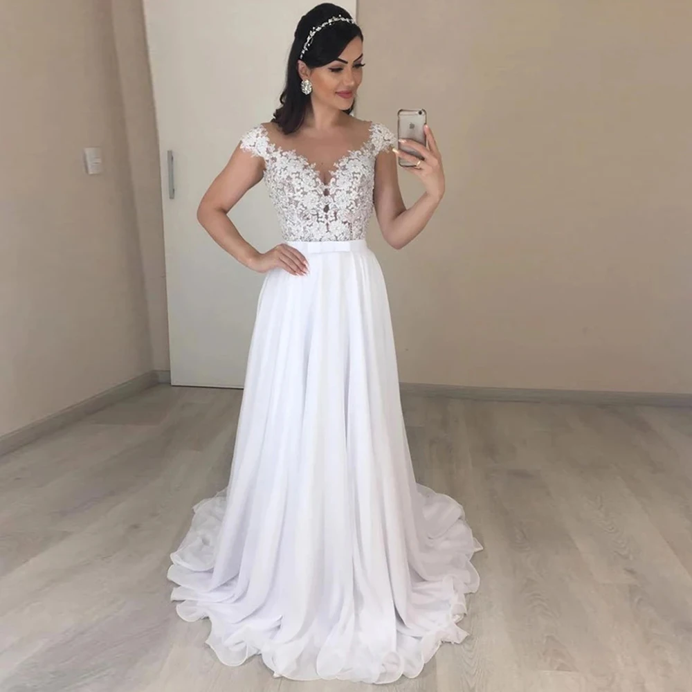 

Cheap Custom made Wedding Dresses Cap Sleeve V-neck Pearls Applique Chiffon Beach Boho Bridal Gown Vestido De Novia