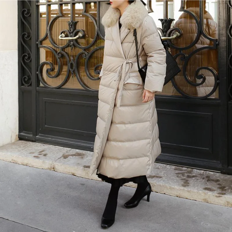 Новое поступление, зимняя длинная парка большого размера, женская меховая Свободная куртка с отложным воротником, верхняя одежда, качественное зимнее пальто с поясом