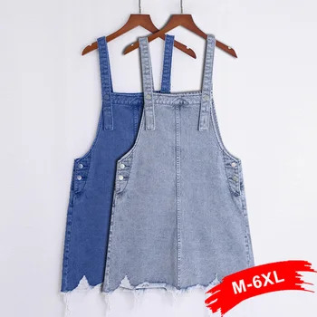 

2020 Plus Size Denim Suspender Skirt for Women 5XL 6XL Short Slim Casual Pockets Back High Waist Jeans Skirts Womens