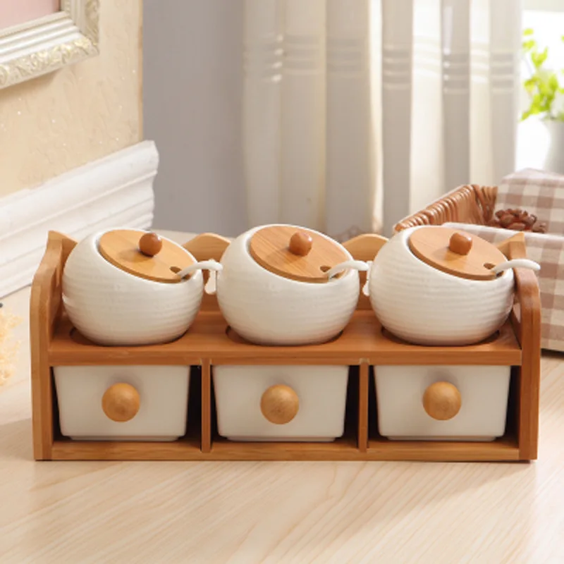 

Ceramic Seasoning Pot Kitchen Condiment Bottles Tank Set Double Layer Shelf Case Six Drawer-type-Wall-Mounted