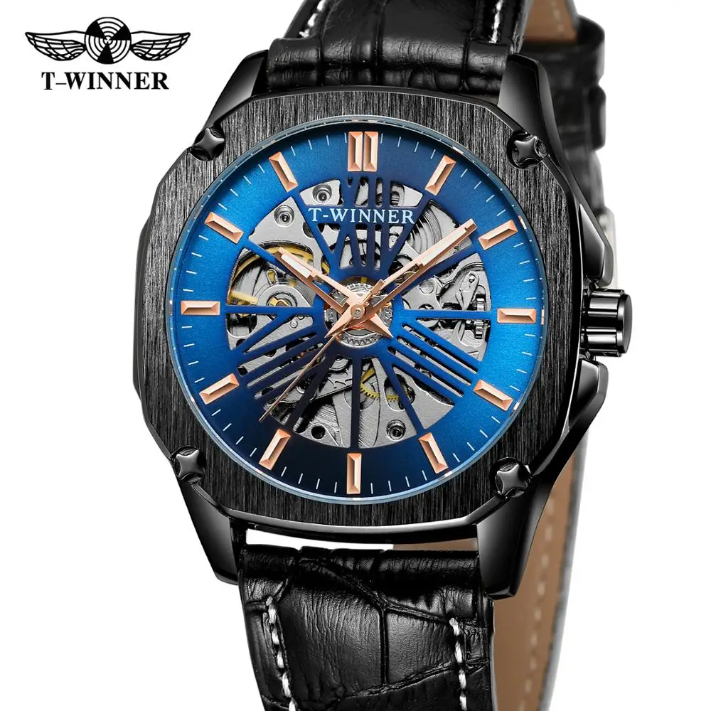 WINNER водонепроницаемые военные часы для мужчин автоматические механические мужские s часы лучший бренд класса люкс Скелет циферблат кожаный ремешок наручные часы - Цвет: blue
