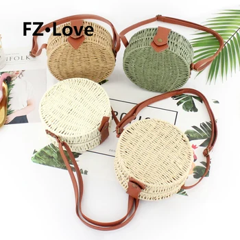 

Round Rattan Boho Purse Handwoven Straw Beach Bag Bamboo Bag Woven Circle Crossbody Handbag for Women Shoulder Leather Strap