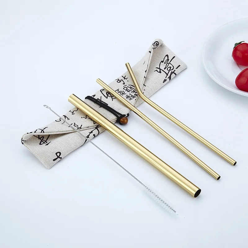4pcs/Set Reusable 304 Stainless Steel Straw Barware Metal Drinking Straight Straws with Brush Bag Travel Outdoor Bar Accessories