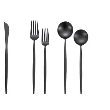 

5pcs Black Steel Cutlery Tableware Set Dinnerware Fork Spoon Table Knife Dessert Steel Fork Forks Knives Spoons Drop Shipping