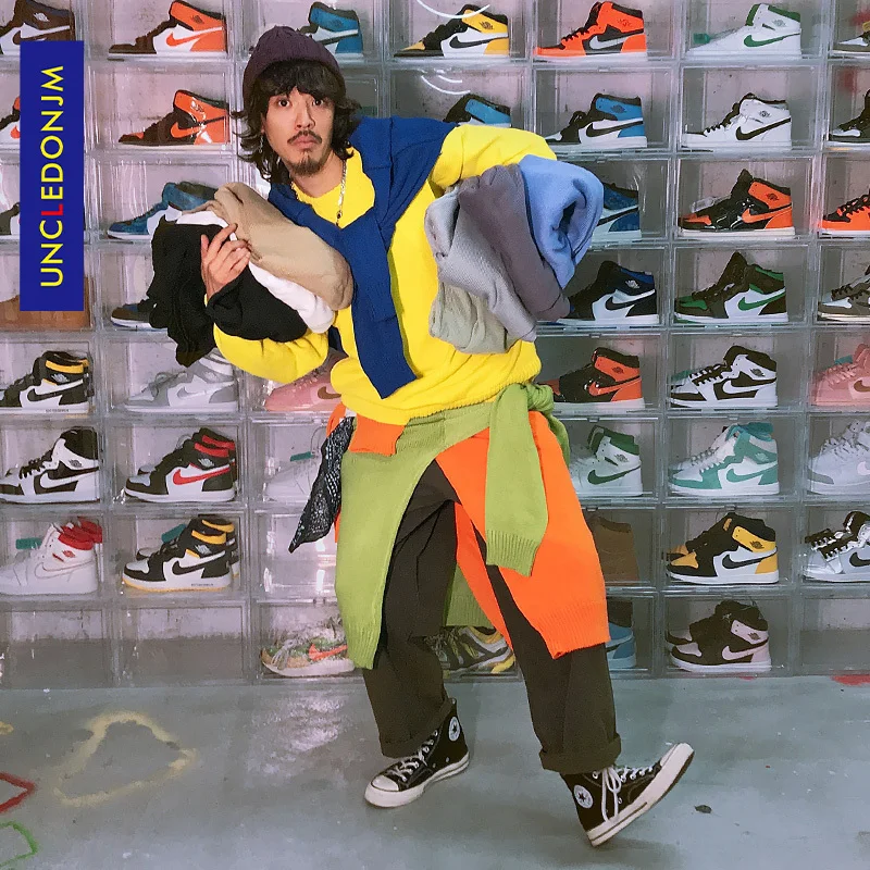 

UNCLEDONJM Men Sweater In Multi Color 2020 AW Warm O-neck Autumn Knitted Sweater For Couple Oversized Hip Hop Sweater BAN-5000