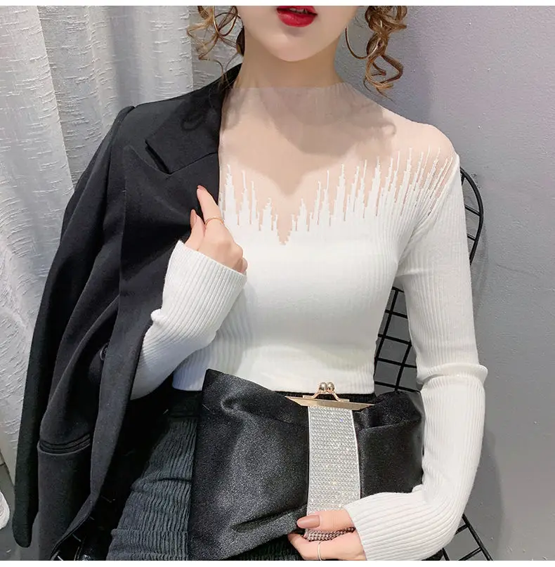 Solid pullover Sexy Lace Half Turtleneck Sweater Ladies Autumn 2021 Western Slim Base Shirt New Pullover Sweater Women tops ladies cardigans