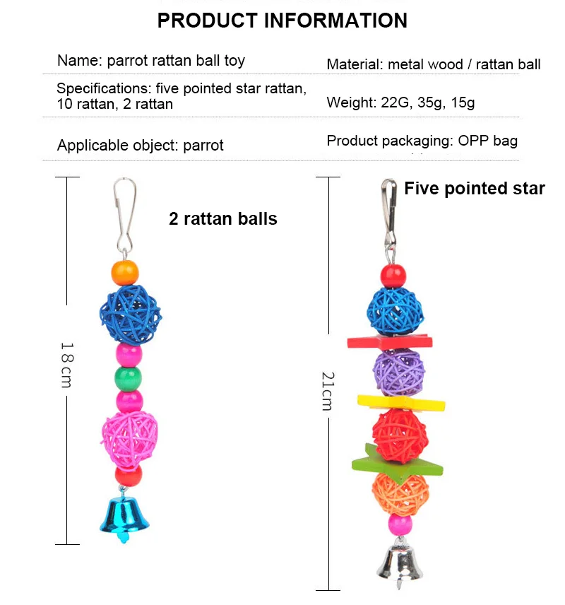 1pc 3 Kinds Parrot Rattan Toys Bird Supplies Hanging Cage Bird Toys Rattan Beads Bell String Hand Woven Pet Accessories