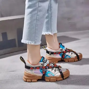 

2019 New Brand Women Sneakers Winter Fashion Crystal Plat Platform Lace-Up Round Toe Comfortable Casual Loafers E151