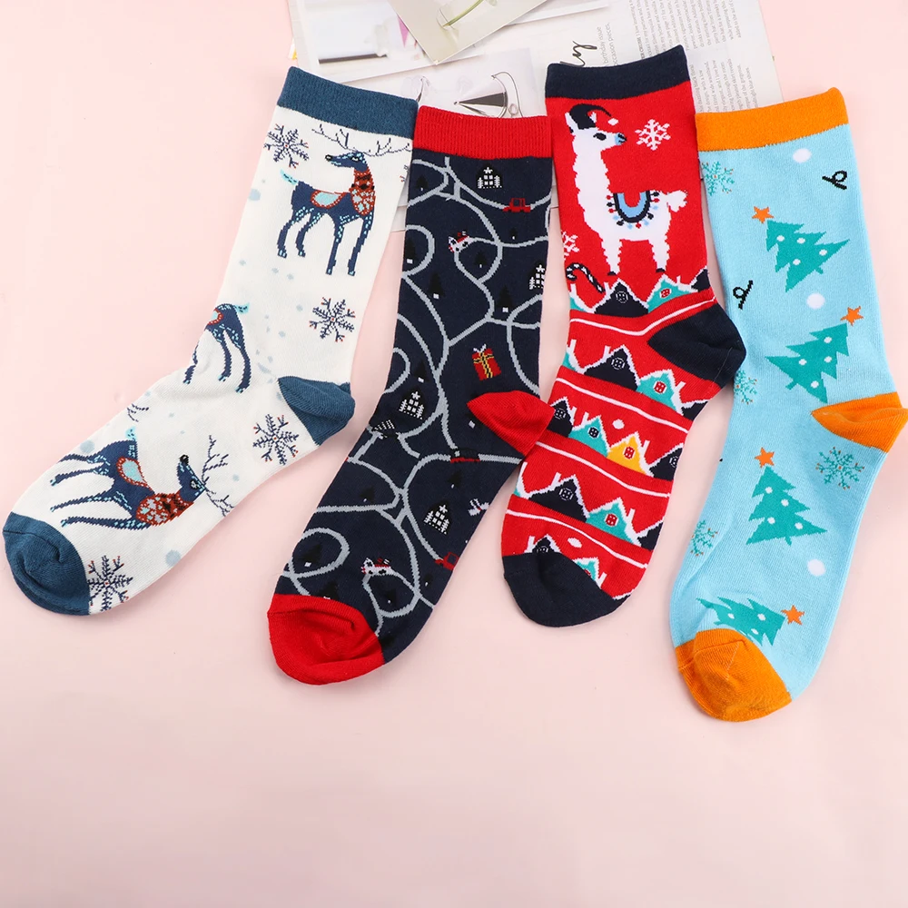 Рождественские носки, новинка, Осень-зима, женские носки, повседневные Теплые Носки с рисунком оленя, снеговика, средние, с забавным принтом, длинные хлопковые носки