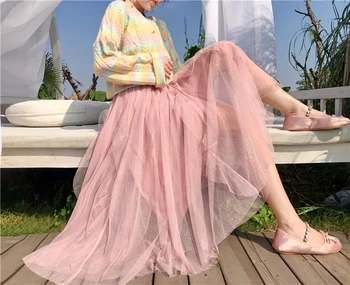 

Princess sweet lolita skirts Spring and autumn sweet soft sister fairy skirts sparkling mesh long skirt fashion women XH203