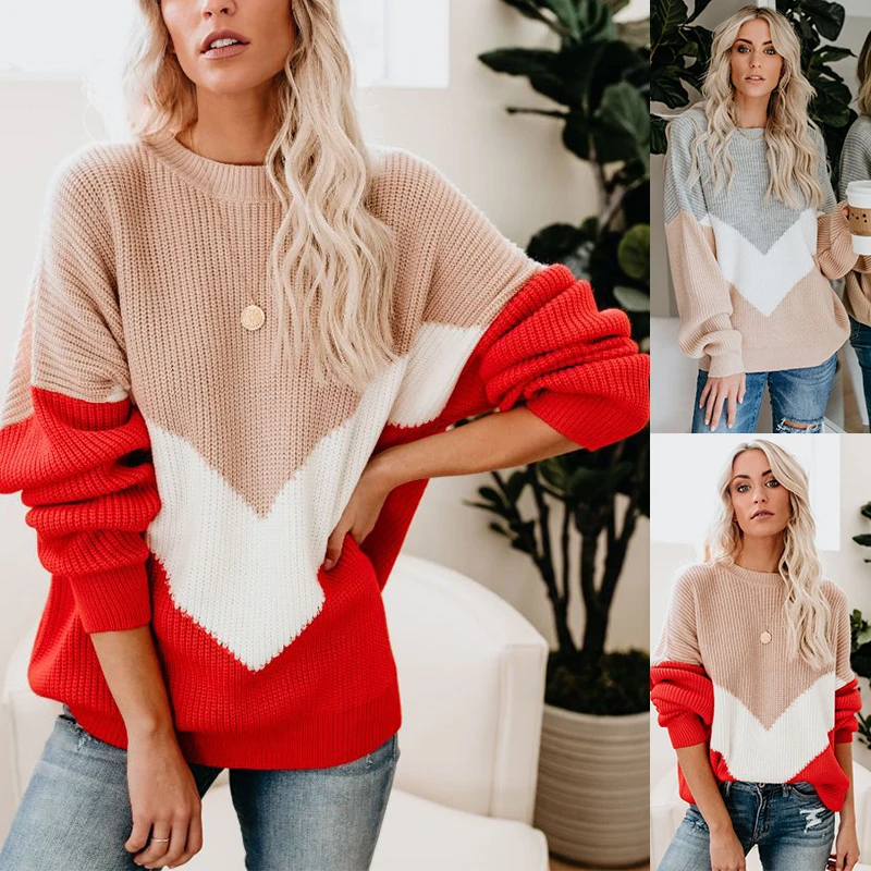 

2020 New Fashion Women Long Sleeve Color Block Top Stylish Loose Top Fashion Knitwear for Ladies Female O-neck Autumn Sweaters